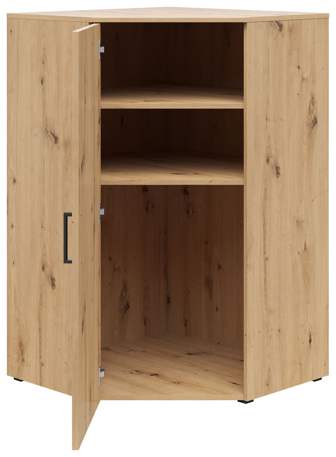 Eckkommode aus Holz mit geöffneter Tür, zwei Regalböden und natürlicher Holzmaserung, Perspektive von vorne links