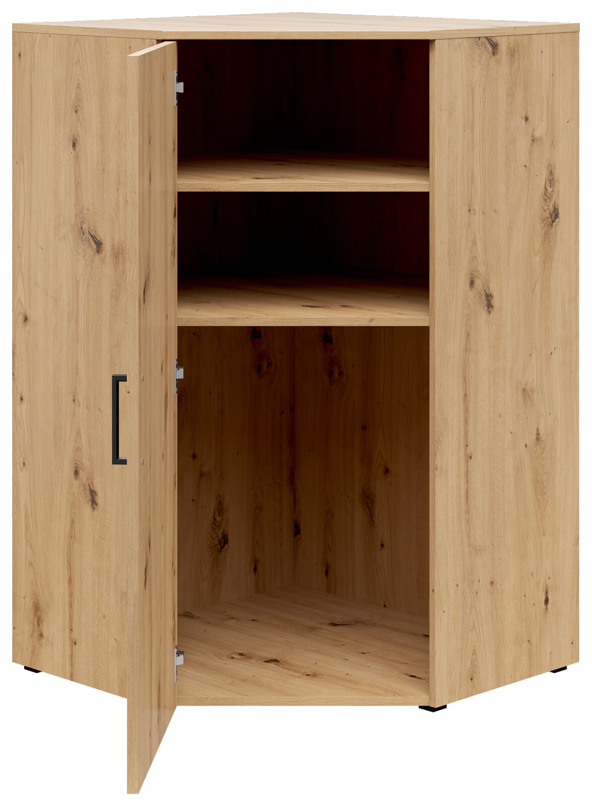 Eckkommode aus Holz mit geöffneter Tür, zwei Regalböden und natürlicher Holzmaserung, Perspektive von vorne links