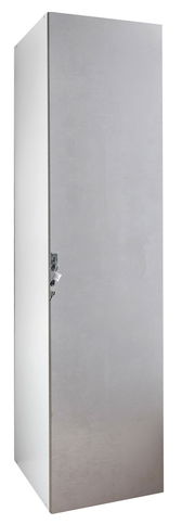 Abschließbarer Kleiderschrank aus Metall, seitliche Perspektive, mit Schlüssel im Schloss.