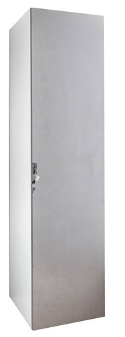 Abschließbarer Kleiderschrank aus Metall, seitliche Perspektive, mit Schlüssel im Schloss.