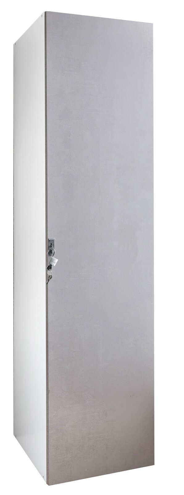 Abschließbarer Kleiderschrank aus Metall, seitliche Perspektive, mit Schlüssel im Schloss.