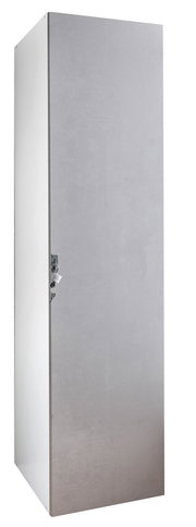 Abschließbarer Kleiderschrank aus Metall, seitliche Perspektive, mit Schlüssel im Schloss.