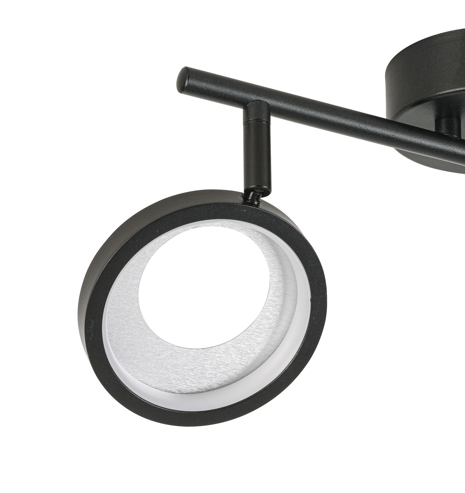 Nahaufnahme eines modernen, schwarzen LED-Strahlers mit rundem Design, seitliche Perspektive