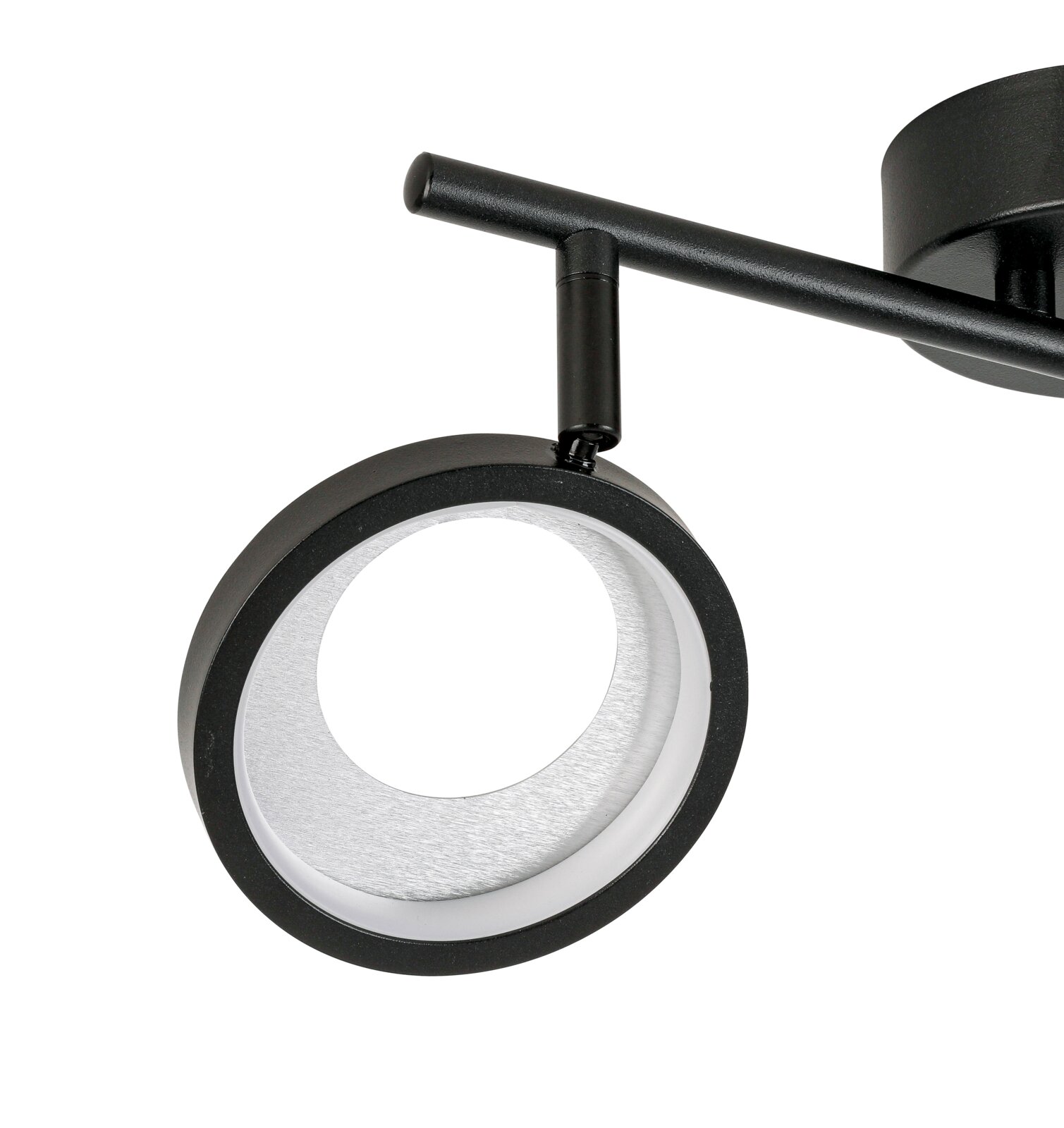Close-up van een moderne, zwarte led-spot met een rond ontwerp, gezien vanaf de zijkant