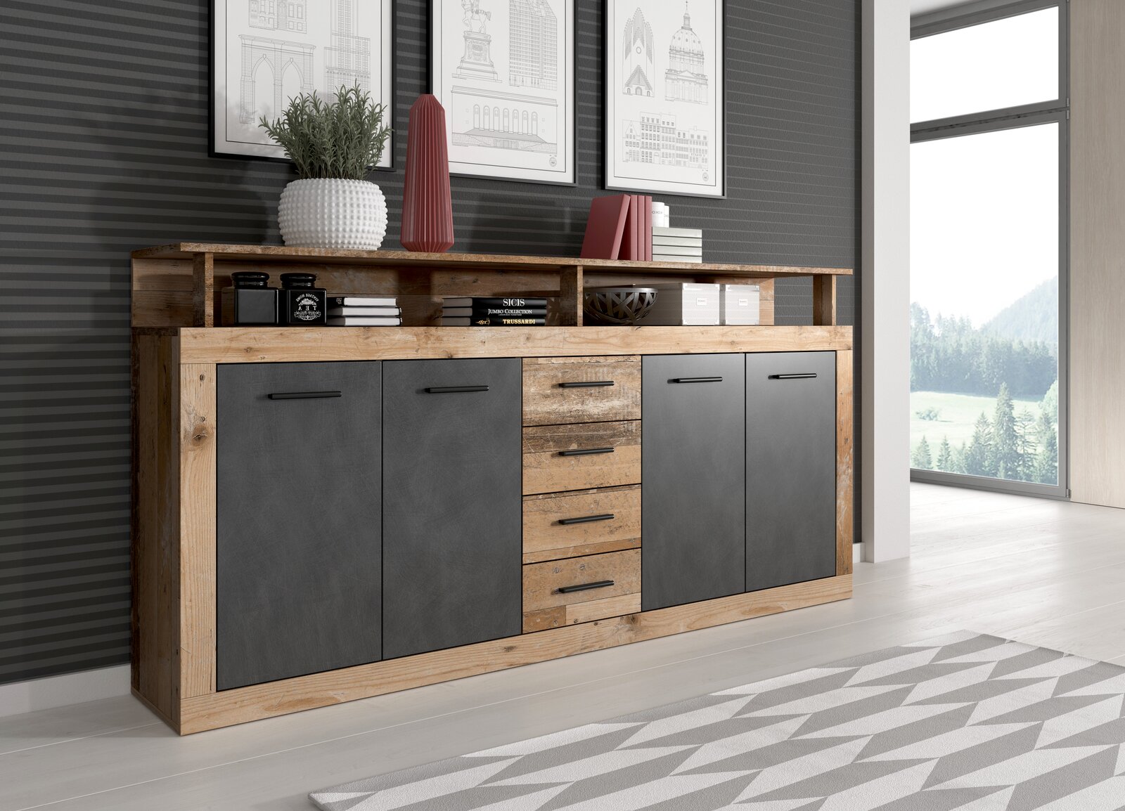 Modernes Sideboard XORA LUNA aus Holz und grauem Material, seitliche Perspektive, dekoriert mit Pflanzen und Büchern.