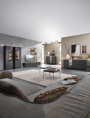 Moderne Wohnzimmermöbel in einem stilvollen Raum mit grauen Vitrinen, Sideboard und Highboard, Perspektive von der Sofaecke aus