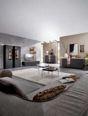 Moderne woonkamermeubels in een stijlvolle ruimte met grijze vitrinekasten, een dressoir en een hoog dressoir, gezien vanuit de zithoek