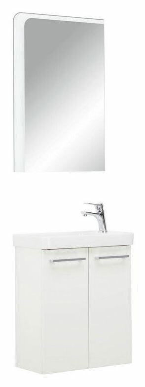 Weißes Badezimmerset mit Spiegel und Waschbeckenunterschrank, Frontalansicht