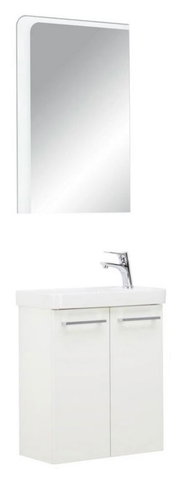 Weißes Badezimmerset mit Spiegel und Waschbeckenunterschrank, Frontalansicht