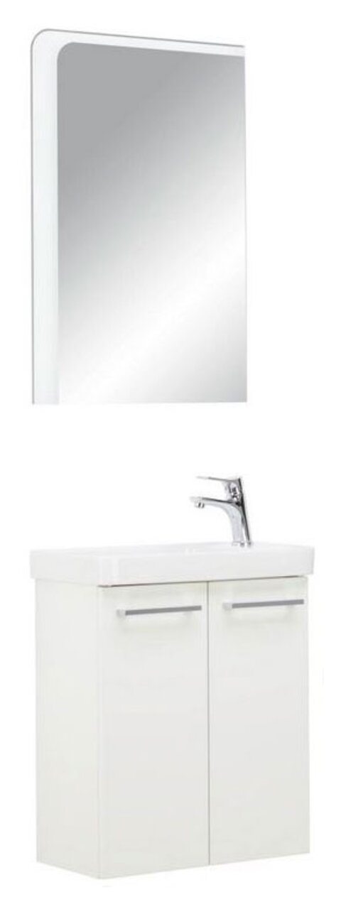 Weißes Badezimmerset mit Spiegel und Waschbeckenunterschrank, Frontalansicht