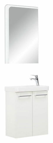 Weißes Badezimmerset mit Spiegel und Waschbeckenunterschrank, Frontalansicht
