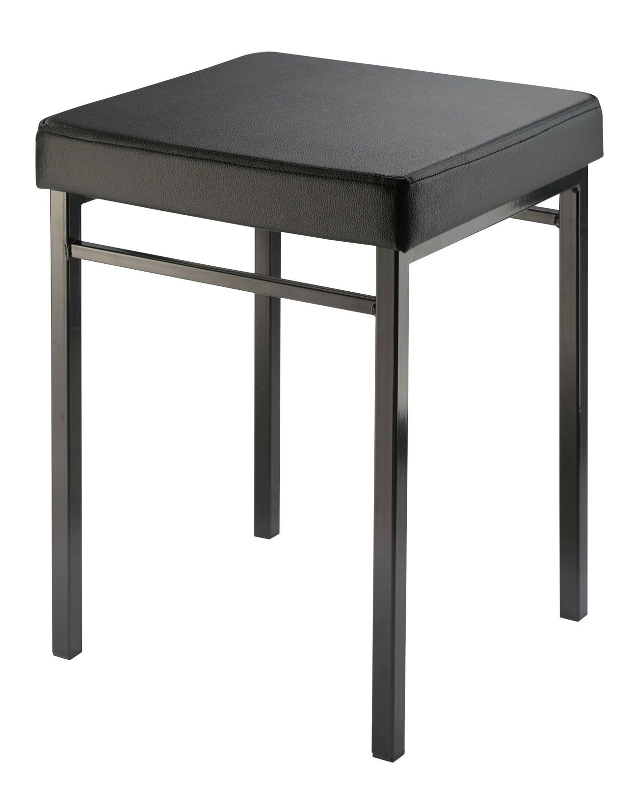 Schwarzer Badhocker mit gepolsterter Sitzfläche und Metallbeinen, seitliche Perspektive