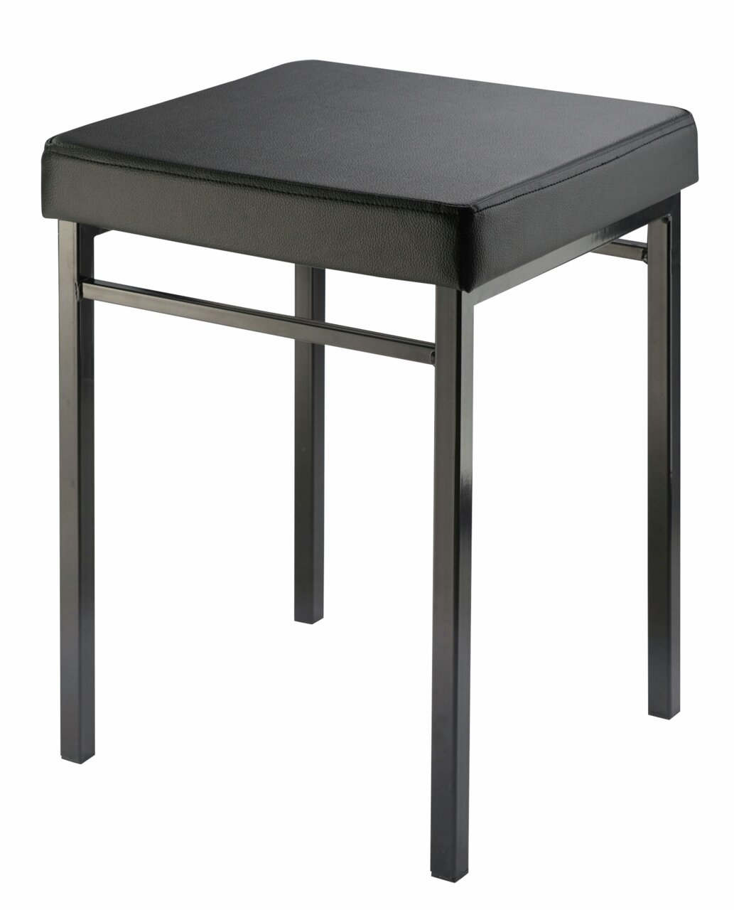 Schwarzer Badhocker mit gepolsterter Sitzfläche und Metallbeinen, seitliche Perspektive