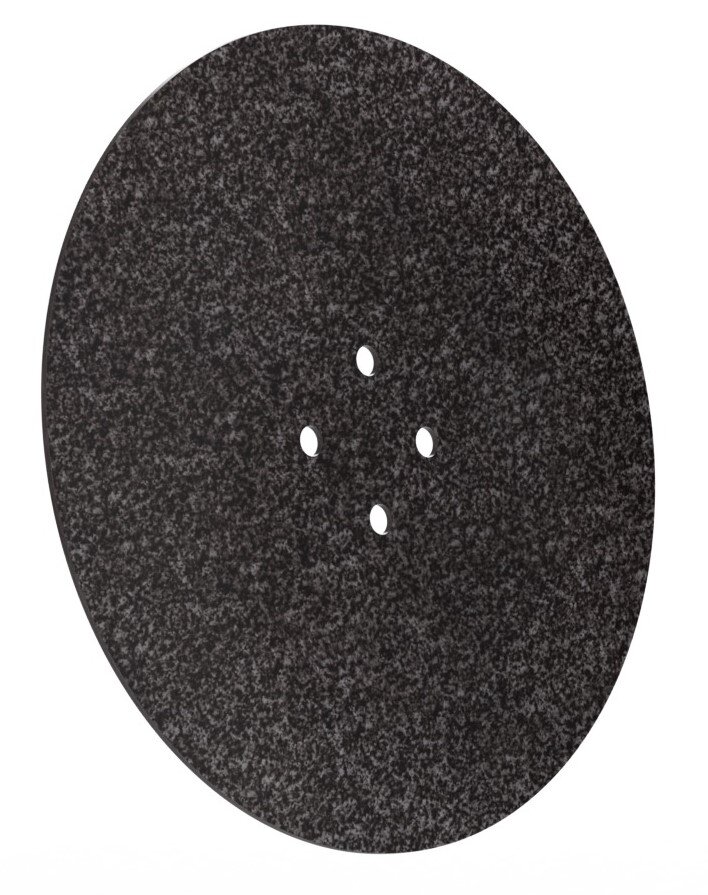 Doppler Dekorplatte Easy Move Switch Runde, dunkelgraue Dekorplatte mit vier Löchern in der Mitte, Ansicht von schräg oben.