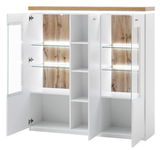 XL-Highboard mit offenen Türen, zeigt Innenregale und LED-Beleuchtung, Perspektive von vorne