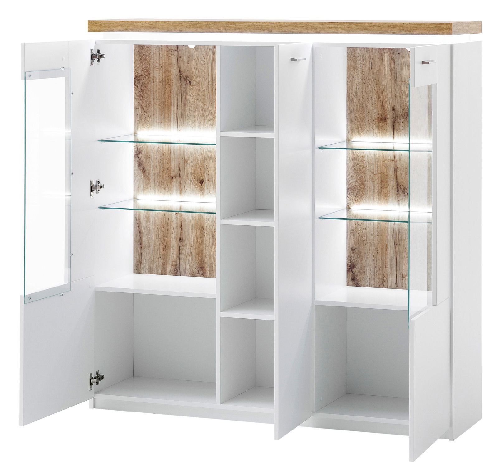 XL-Highboard mit offenen Türen, zeigt Innenregale und LED-Beleuchtung, Perspektive von vorne