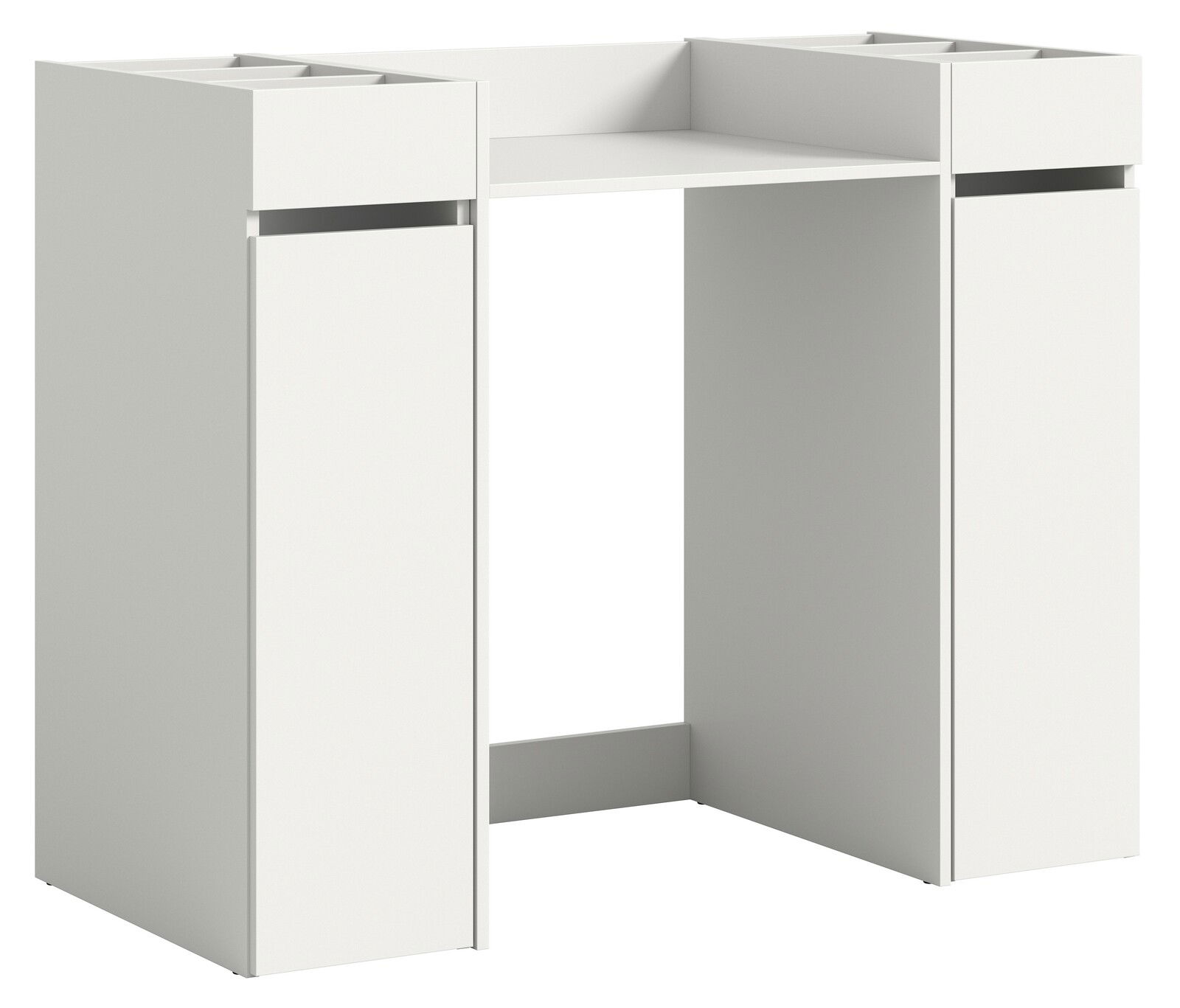 MID.YOU Waschmaschienenumbau-Set FREE Weißes Waschmaschinenumbau-Set aus Holz, frontal betrachtet, mit zwei hohen Seitenfächern und einer oberen Ablage.