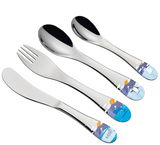 Kinderbesteck SEAWORLD 4-tlg. mit bunten Meeresmotiven, bestehend aus Messer, Gabel, Esslöffel und Teelöffel, von oben betrachtet.