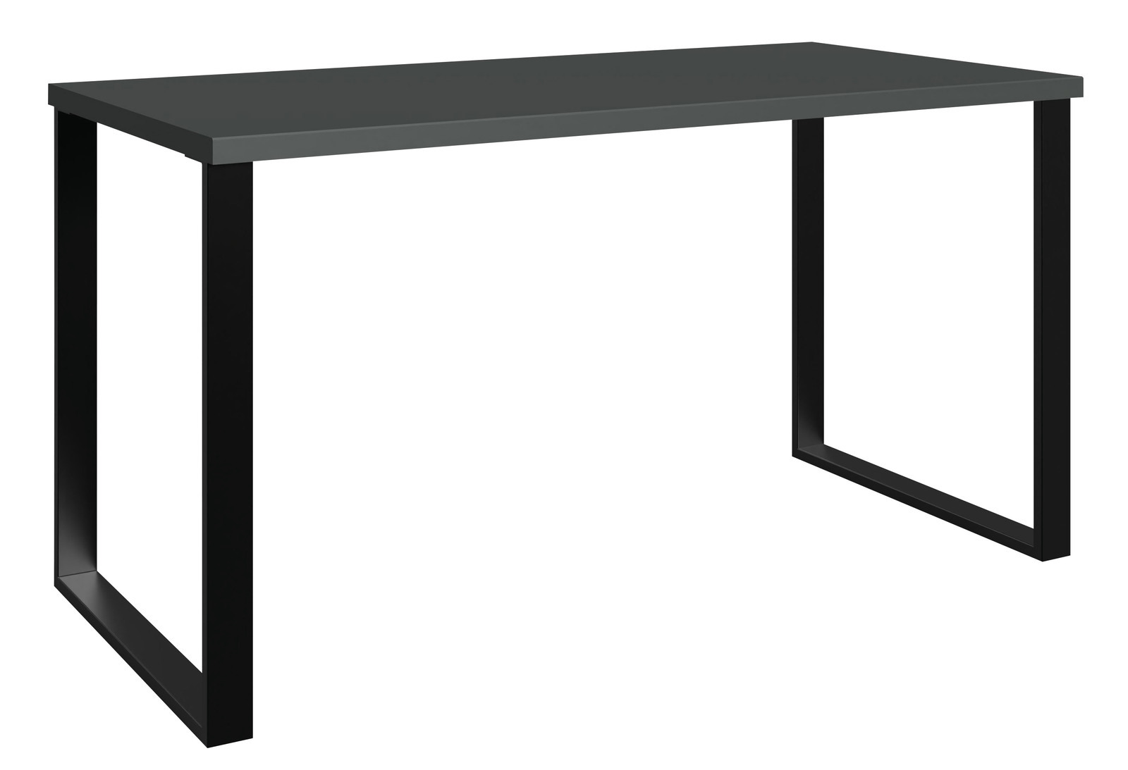 Moderner Schreibtisch mit schwarzer Tischplatte und Metallgestell, seitliche Perspektive