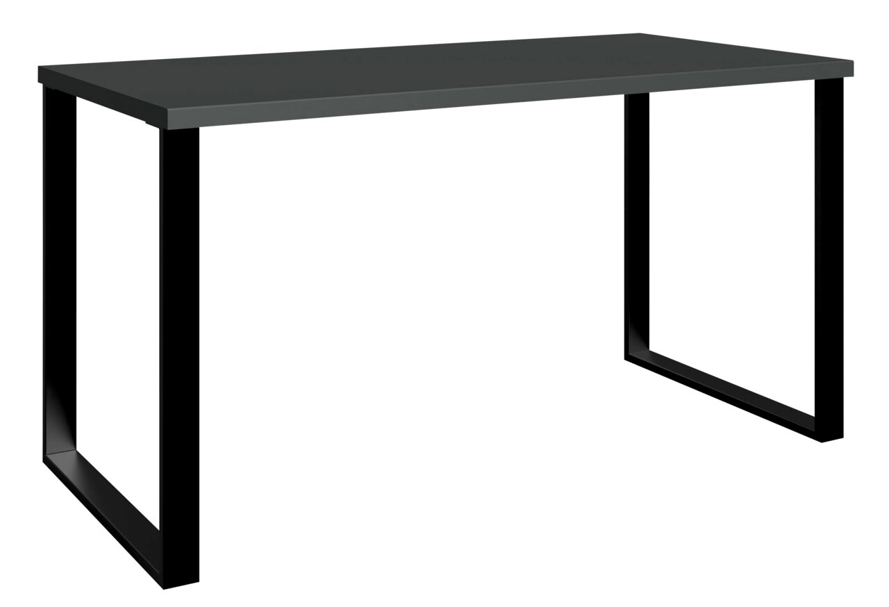 Moderner Schreibtisch mit schwarzer Tischplatte und Metallgestell, seitliche Perspektive