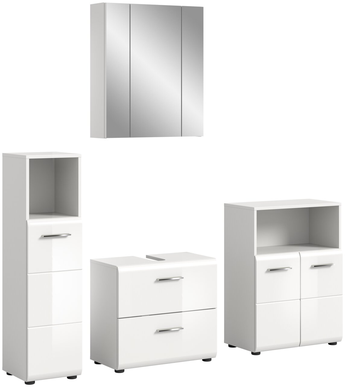 Moderne Badkombination bestehend aus einem Spiegelschrank, einem hohen Schrank mit offenen und geschlossenen Fächern, einem Waschbeckenunterschrank und einem niedrigen Schrank mit Türen, alle in weißem Hochglanzdesign. Frontalansicht.