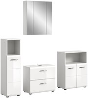 Moderne Badkombination bestehend aus einem Spiegelschrank, einem hohen Schrank mit offenen und geschlossenen Fächern, einem Waschbeckenunterschrank und einem niedrigen Schrank mit Türen, alle in weißem Hochglanzdesign. Frontalansicht.