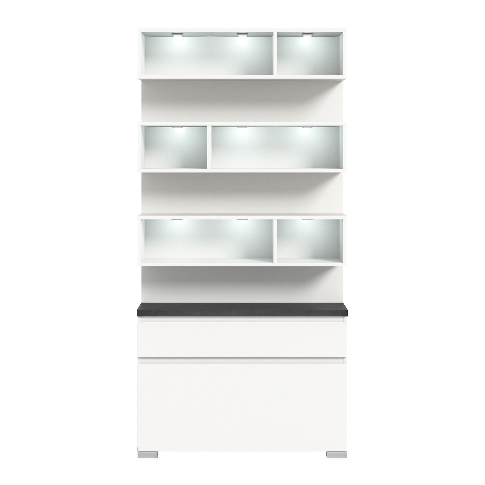 Weißes Schuhschrank-Set mit mehreren offenen Fächern und Schubladen, frontale Ansicht