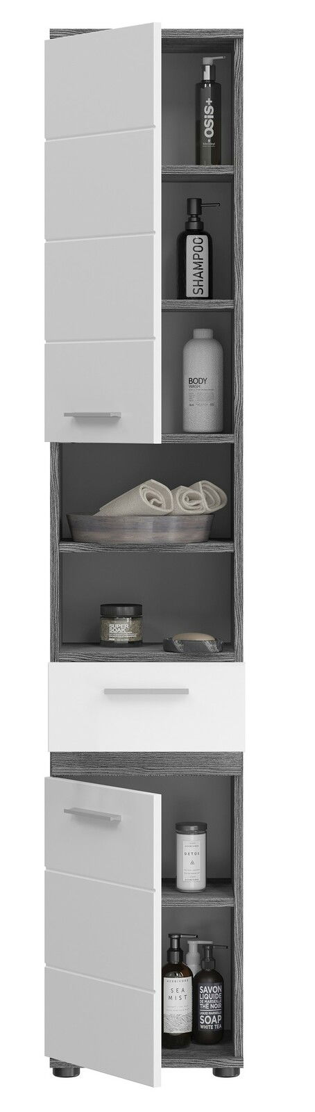 Moderner Hochschrank mit offenen und geschlossenen Fächern, gefüllt mit Pflegeprodukten und Handtüchern, aus einer leicht seitlichen Perspektive betrachtet.