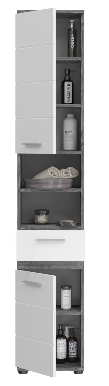 Moderner Hochschrank mit offenen und geschlossenen Fächern, gefüllt mit Pflegeprodukten und Handtüchern, aus einer leicht seitlichen Perspektive betrachtet.