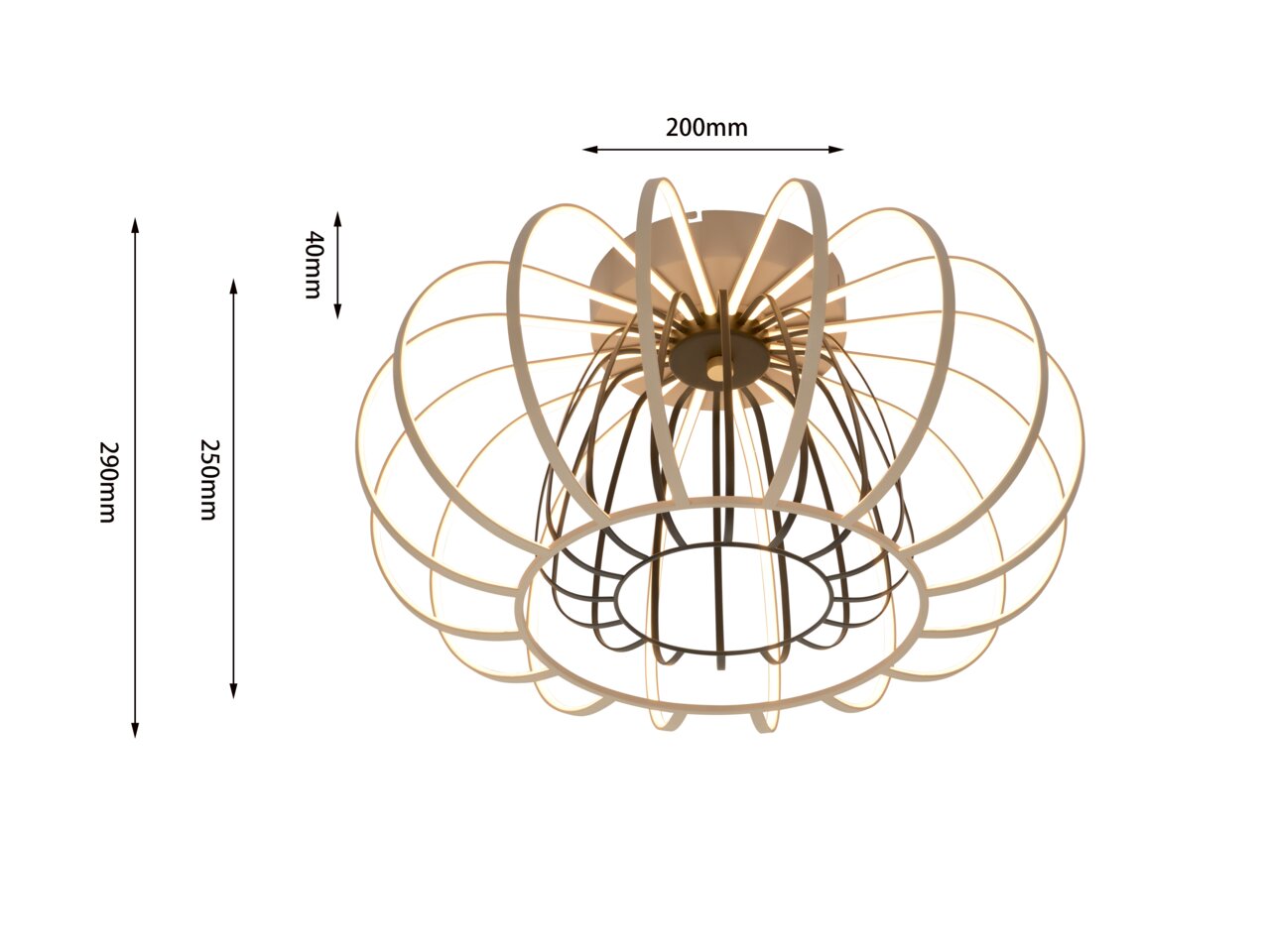 Moderne Deckenleuchte mit elegantem, kugelförmigem Design aus Metallstreben, seitliche Perspektive.