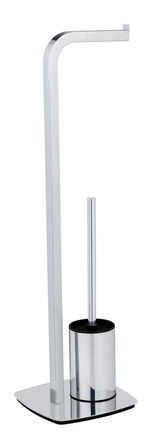 Stand WC-Garnitur Acate in Chrom, seitliche Perspektive, bestehend aus einem Toilettenpapierhalter und einer WC-Bürste auf einer stabilen Basis.