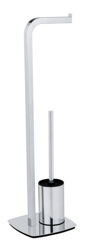 Stand WC-Garnitur Acate in Chrom, seitliche Perspektive, bestehend aus einem Toilettenpapierhalter und einer WC-Bürste auf einer stabilen Basis.