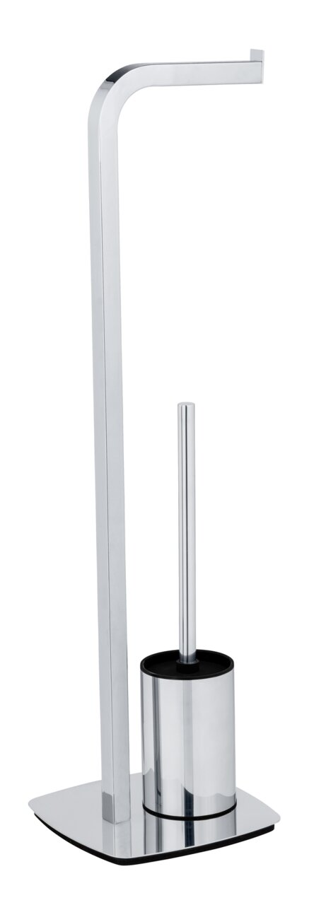 Stand WC-Garnitur Acate in Chrom, seitliche Perspektive, bestehend aus einem Toilettenpapierhalter und einer WC-Bürste auf einer stabilen Basis.