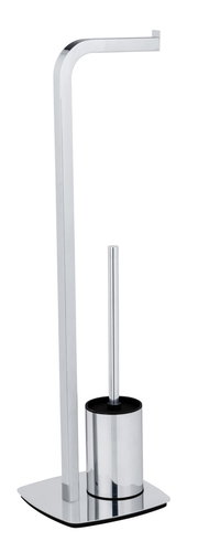 Stand WC-Garnitur Acate in Chrom, seitliche Perspektive, bestehend aus einem Toilettenpapierhalter und einer WC-Bürste auf einer stabilen Basis.