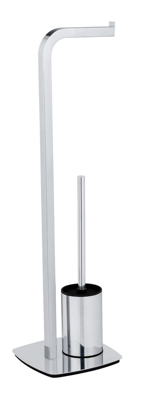 Stand WC-Garnitur Acate in Chrom, seitliche Perspektive, bestehend aus einem Toilettenpapierhalter und einer WC-Bürste auf einer stabilen Basis.