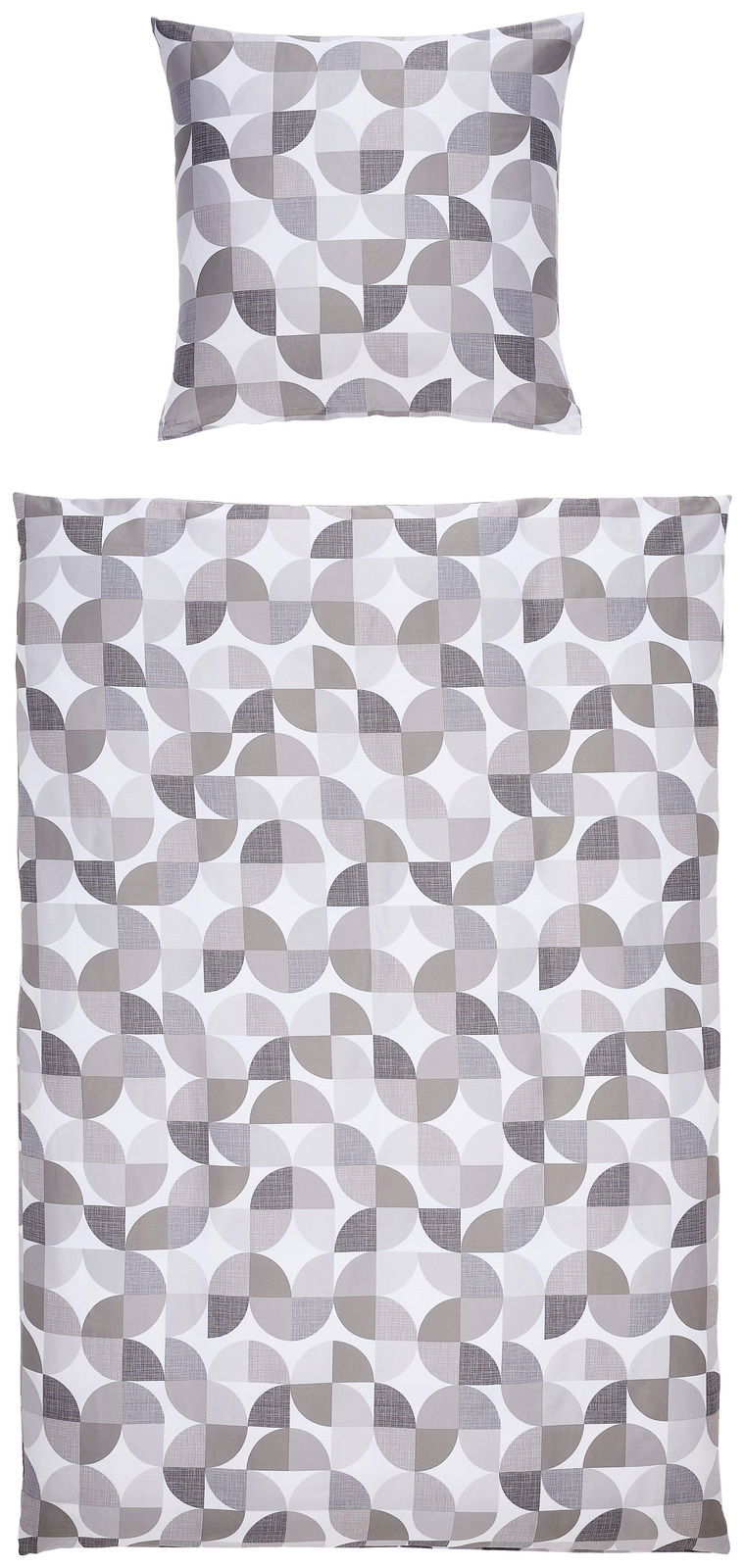 Bettwäsche-Set mit geometrischem Muster in Grau- und Weißtönen, bestehend aus einem Kissenbezug und einem Bettdeckenbezug, aus der Vogelperspektive fotografiert.