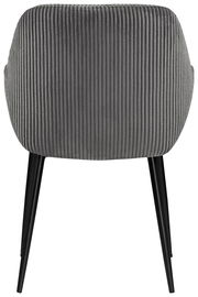 Rückansicht eines grauen Armlehnstuhls mit vertikaler Rillenstruktur und schwarzen Beinen