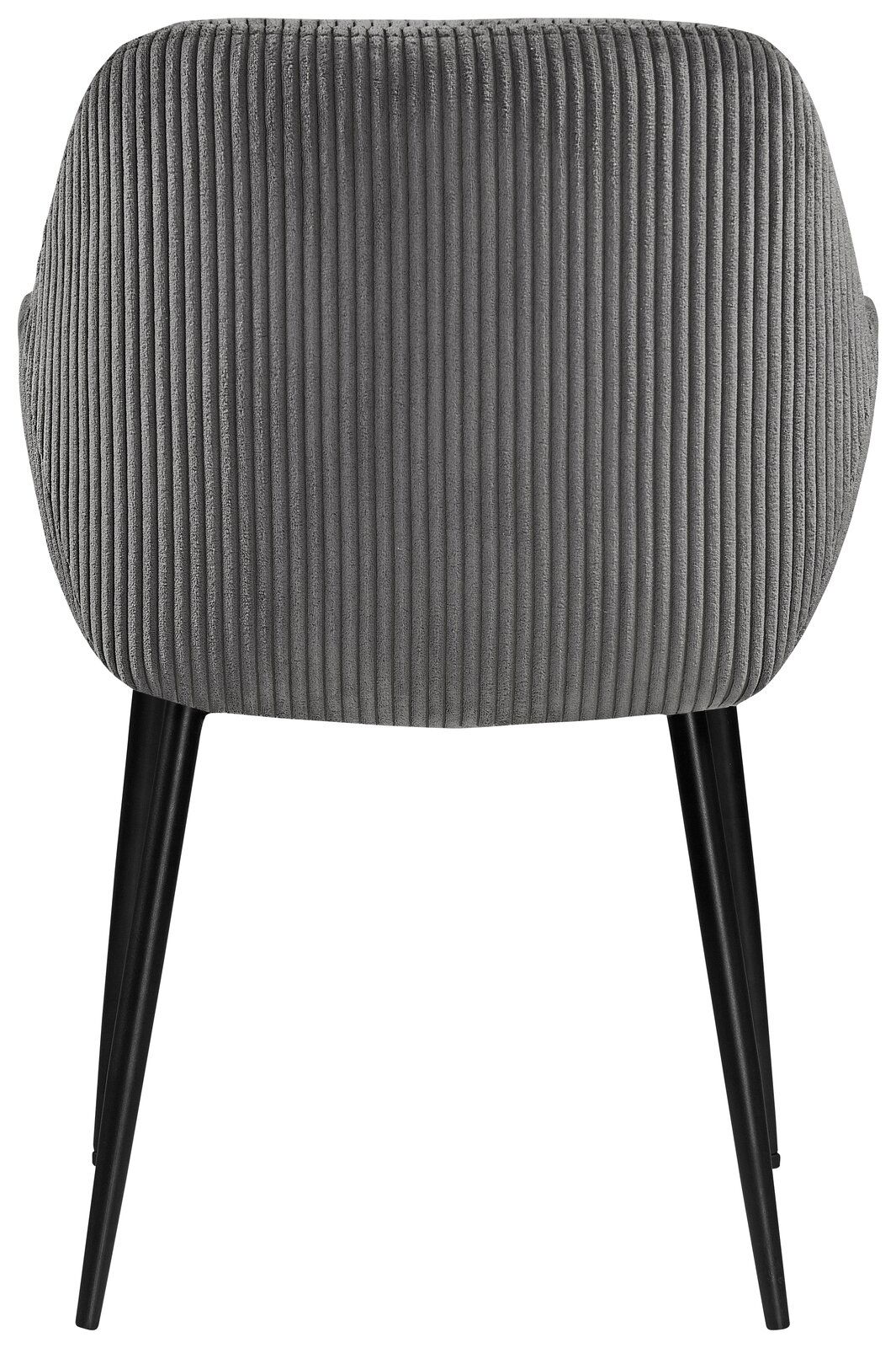 Rückansicht eines grauen Armlehnstuhls mit vertikaler Rillenstruktur und schwarzen Beinen