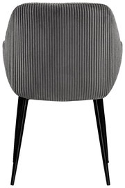 Rückansicht eines grauen Armlehnstuhls mit vertikaler Rillenstruktur und schwarzen Beinen