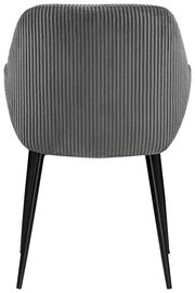 Rückansicht eines grauen Armlehnstuhls mit vertikaler Rillenstruktur und schwarzen Beinen