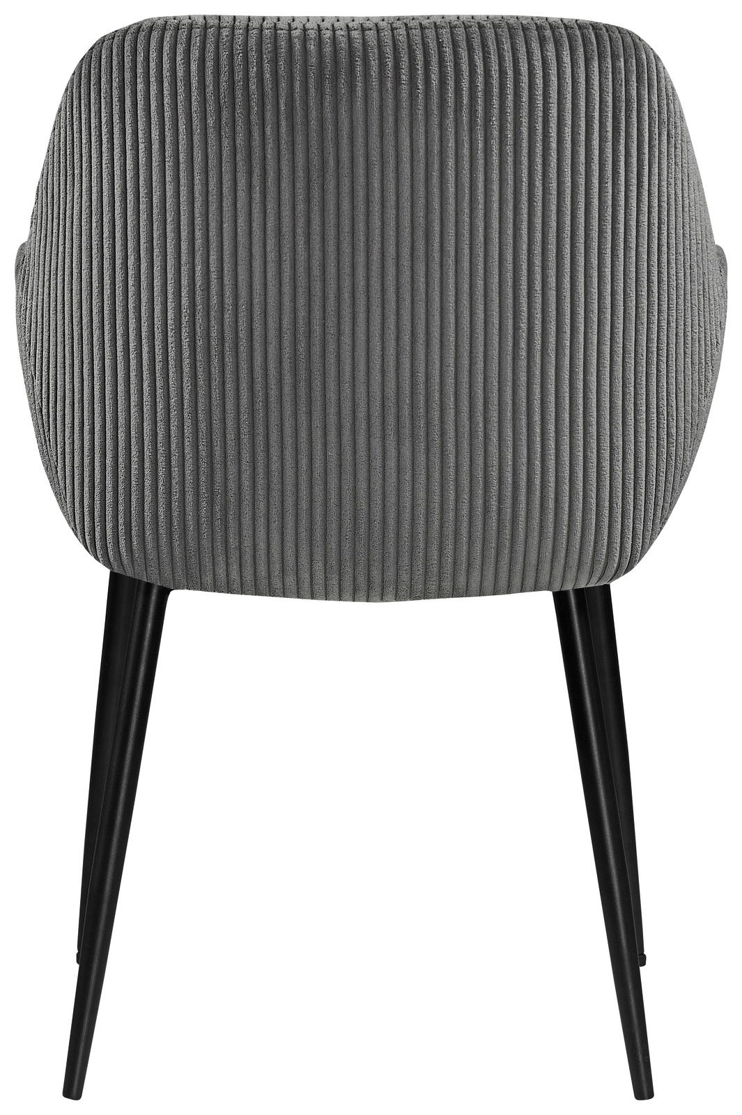 Rückansicht eines grauen Armlehnstuhls mit vertikaler Rillenstruktur und schwarzen Beinen