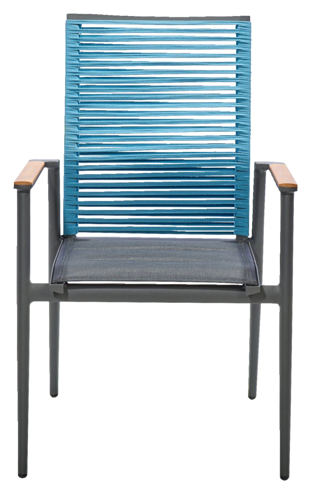 Moderne fauteuil met blauwe, horizontale strepen en houten armleuningen, vooraanzicht