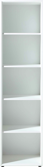 Weißes Aktenregal mit fünf offenen Fächern, frontale Ansicht