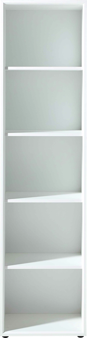 Weißes Aktenregal mit fünf offenen Fächern, frontale Ansicht