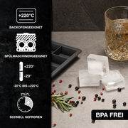 Eiswürfelform aus Silikon, geeignet für Backofen und Spülmaschine, mit Eiswürfeln und Getränkeglas, seitliche Perspektive