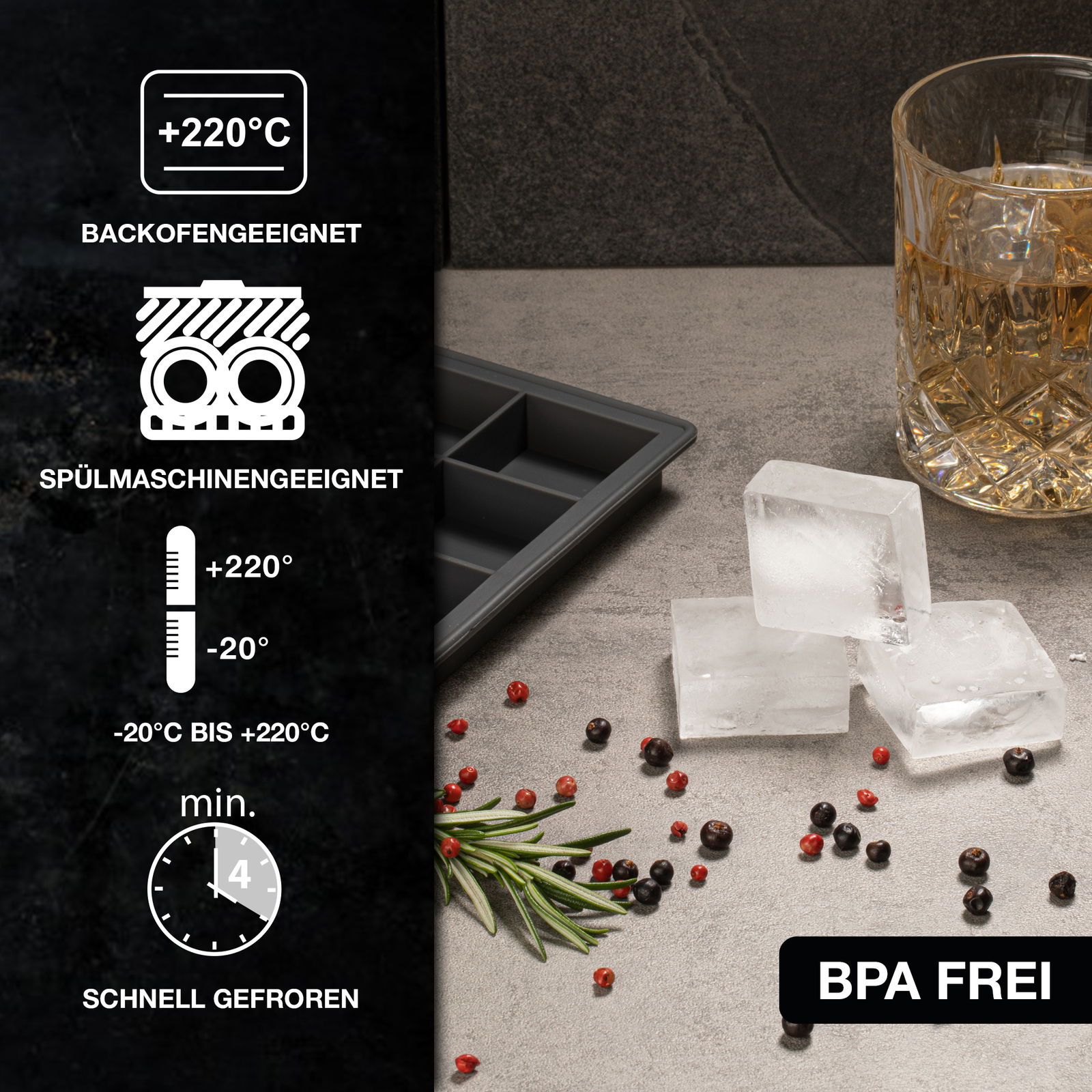 Eiswürfelform aus Silikon, geeignet für Backofen und Spülmaschine, mit Eiswürfeln und Getränkeglas, seitliche Perspektive