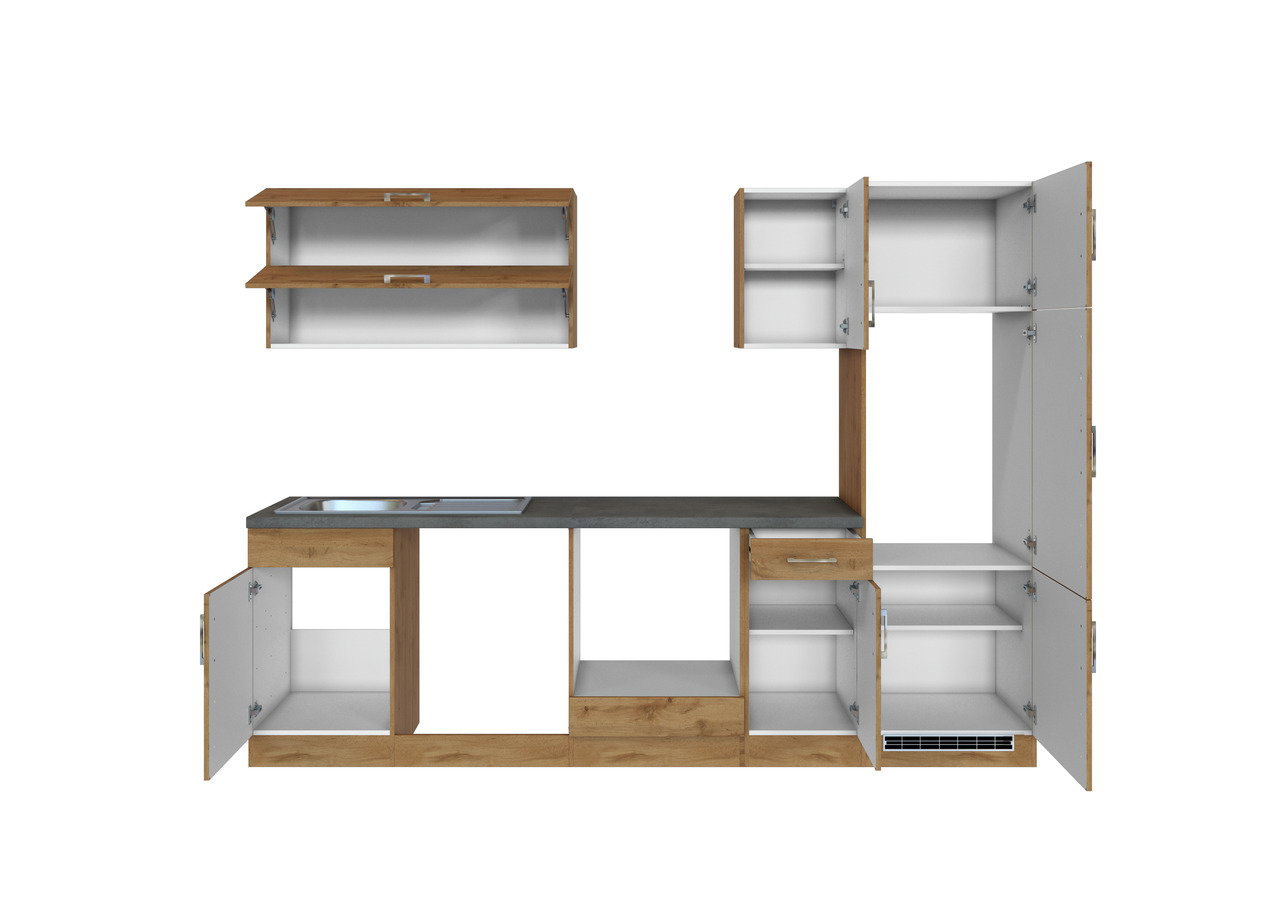 Küchenzeile mit offenen Schränken und Schubladen, Frontansicht