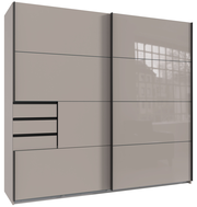 Moderner Schwebetürenschrank mit zwei Türen und Schubladen, Frontansicht