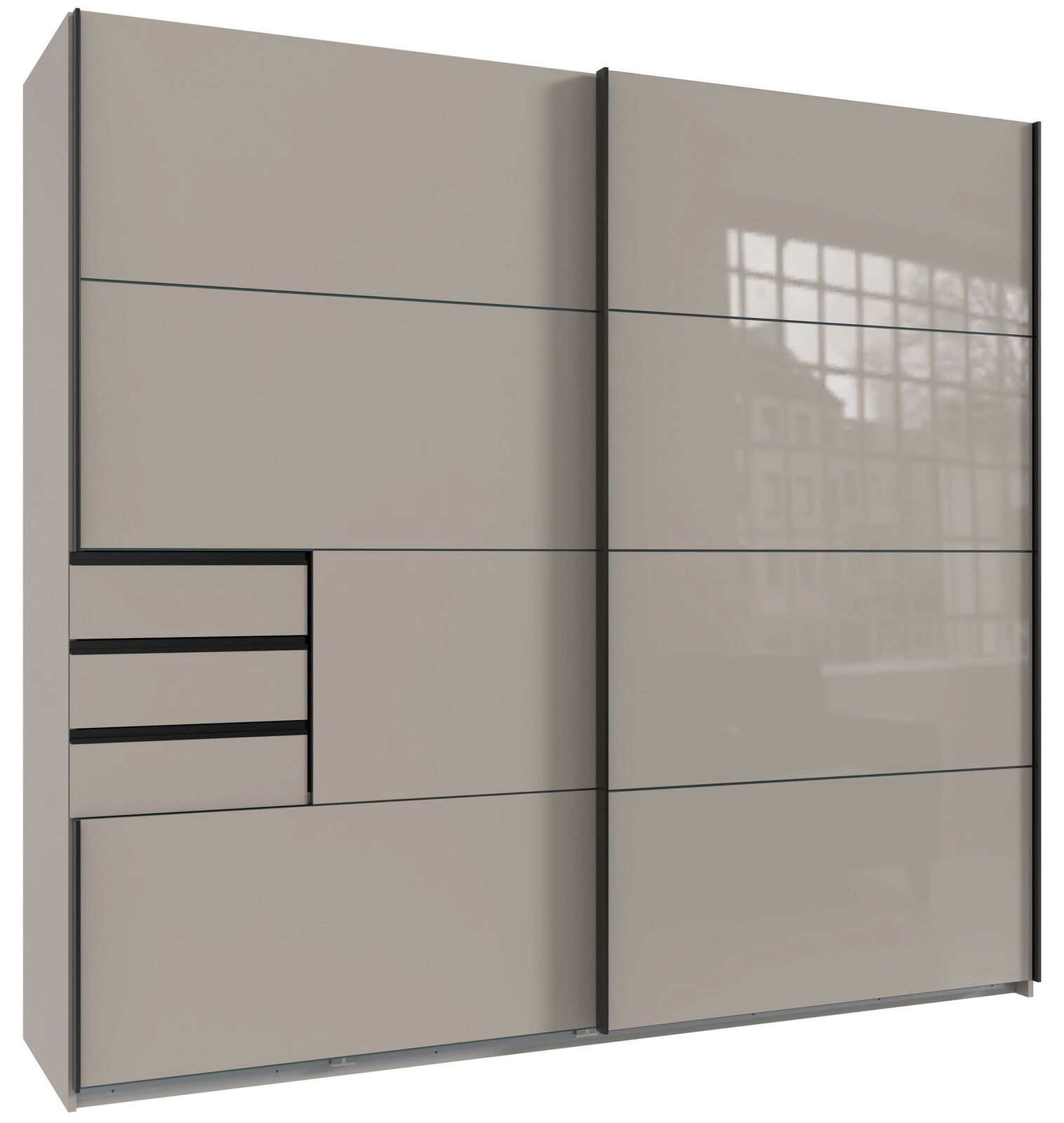 Moderner Schwebetürenschrank mit zwei Türen und Schubladen, Frontansicht