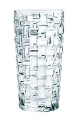 Ein Longdrinkglas mit einem eleganten, geflochtenen Design aus klarem Glas, frontal abgebildet.